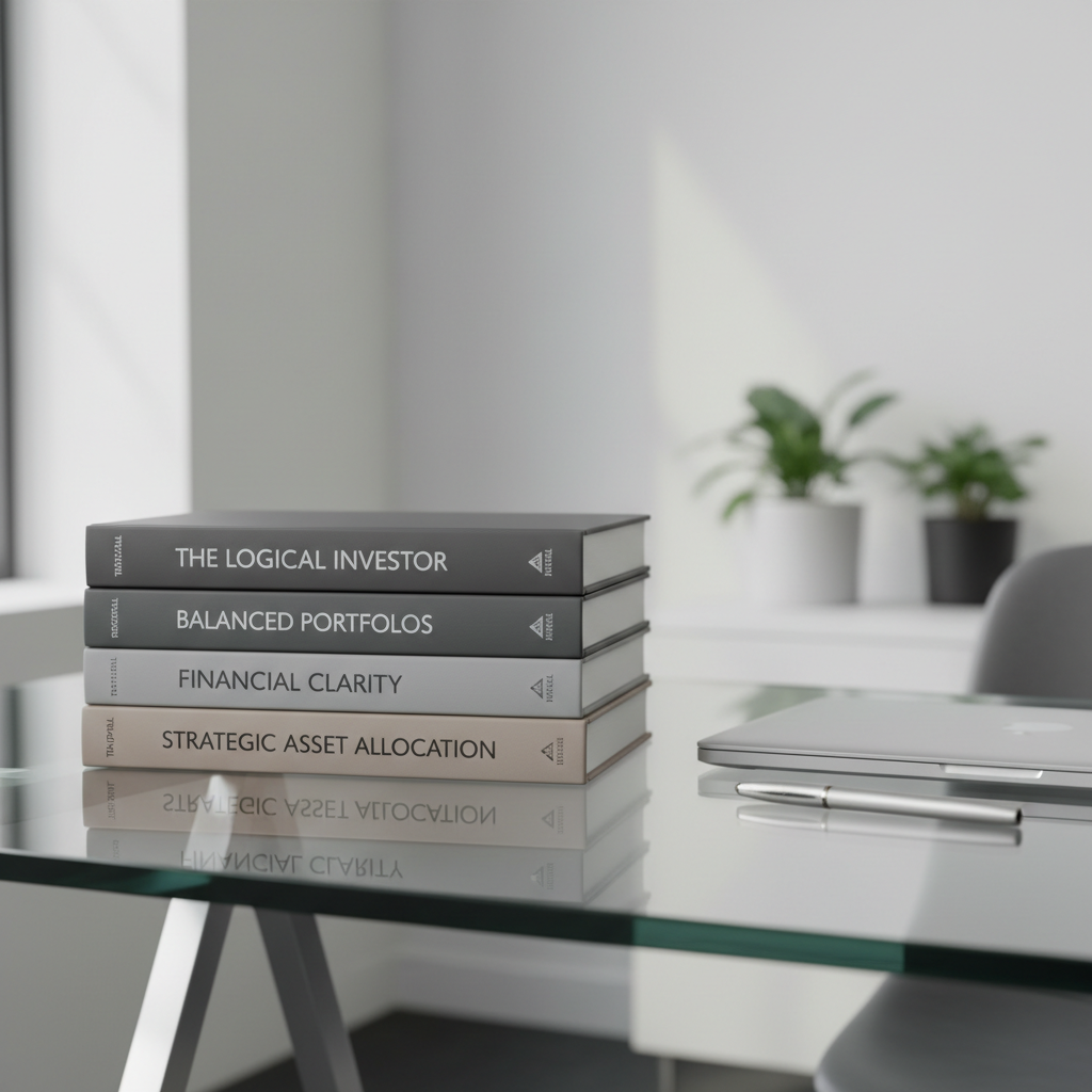 A neatly stacked selection of hardcover investment books, each with understated matte covers in neutral greys and soft taupes, featuring crisp typography and subtle embossing. The books rest on a minimalist glass-topped desk, accompanied by a slim closed laptop and a single metallic pen arranged in parallel lines. Diffused midday daylight streams through an unseen window, brightening the space and casting gentle, lengthened shadows along the desk’s surface. The atmosphere exudes clarity and professionalism, evoking a sense of calm orderliness. Composed from an eye-level angle with a balanced, symmetrical layout, the photographic realism and clean lines enhance the corporate, trustworthy aesthetic—perfectly encapsulating the blog’s commitment to clarity in financial choices.